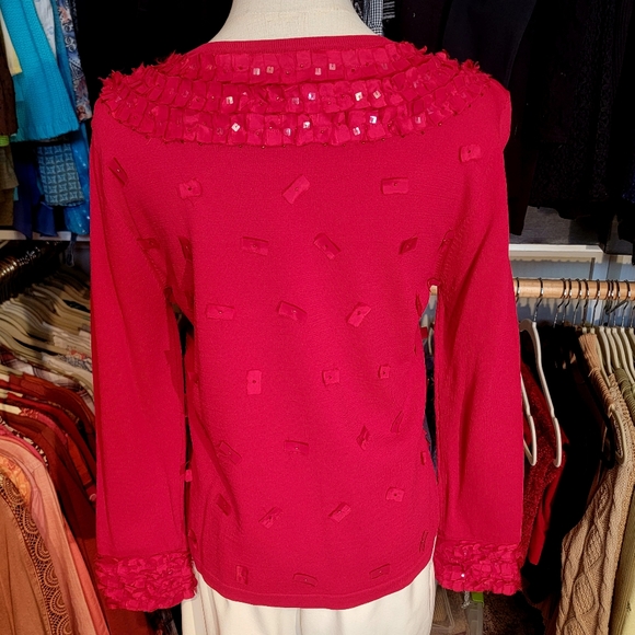 ANN TRINITY ♡ Gorgeous Red Ribbon Sequin Embellished Bling Button Front Blouse M - Picture 13 of 17